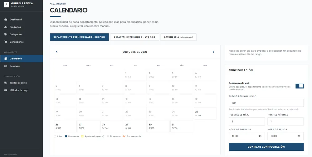 Grupo Prevca: panel administrativo, vista 3